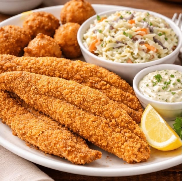 FISH PLATTER (FISH, FRIES, COLESLAW, HUSH PUPPIES).