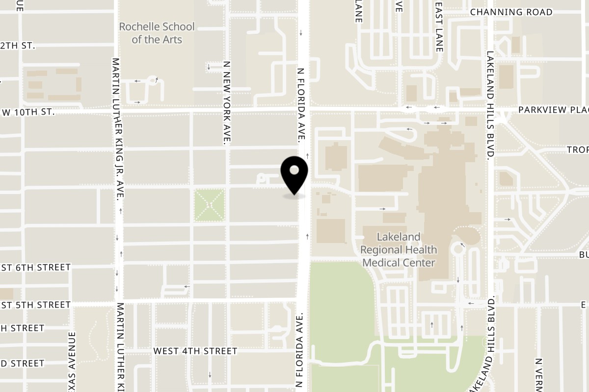 Map showing the location of Mary’s Bagel Café And Catering Service on 1242 N Florida Ave in Lakeland
